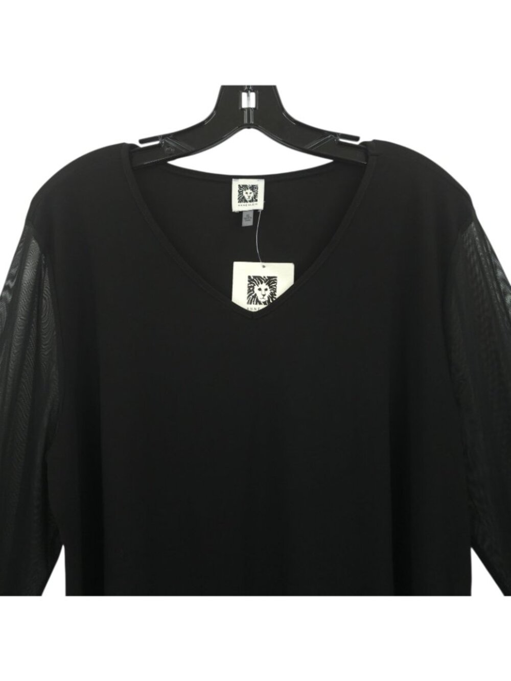 Anne Klein Black V-Neck Top Blouse Womens XL Sheer Mesh Long Sleeve Sequin Cuffs - Picture 10 of 16